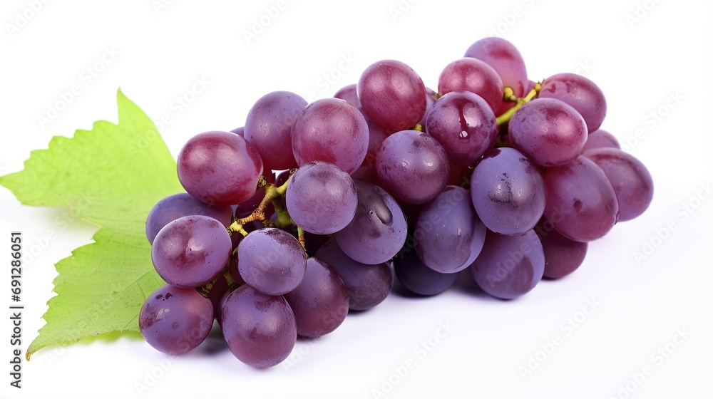 Fototapeta premium Ripe red grapes. Pink bunches with leaves on white background.Blue wet grape bunches on white background