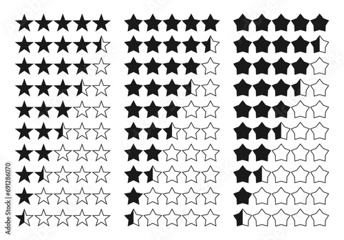 5 star rating icon set. full and half star rating completely. vector illustration isolated on white background.