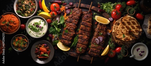 Top view of a festive Turkish dinner with a variety of Middle Eastern dishes and raki drink. photo