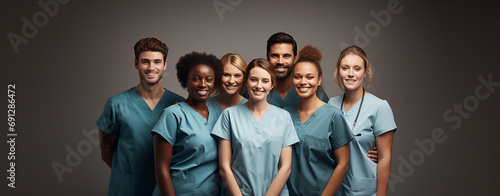 Group of happy healthcare workers in scrubs, standing together and smiling in hospital. isolated background. photo