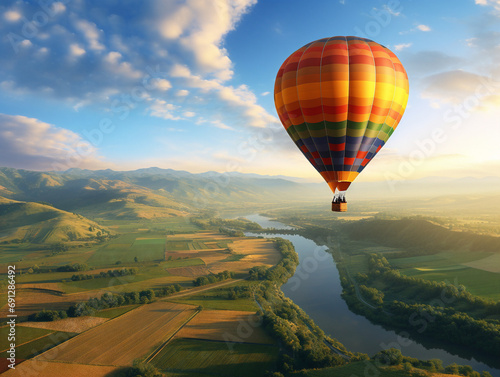 A colorful hot air balloon floats peacefully above stunning scenic landscapes in vibrant colors.