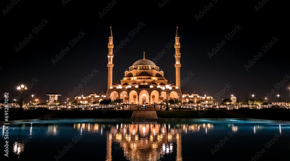 The largest mosque on Sharjah with reflection effect to the water