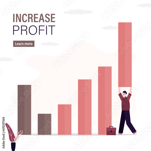 Confident businessman lift up bar profit graph to new high level, growth or improvement, increase profit, sales or revenue raising,