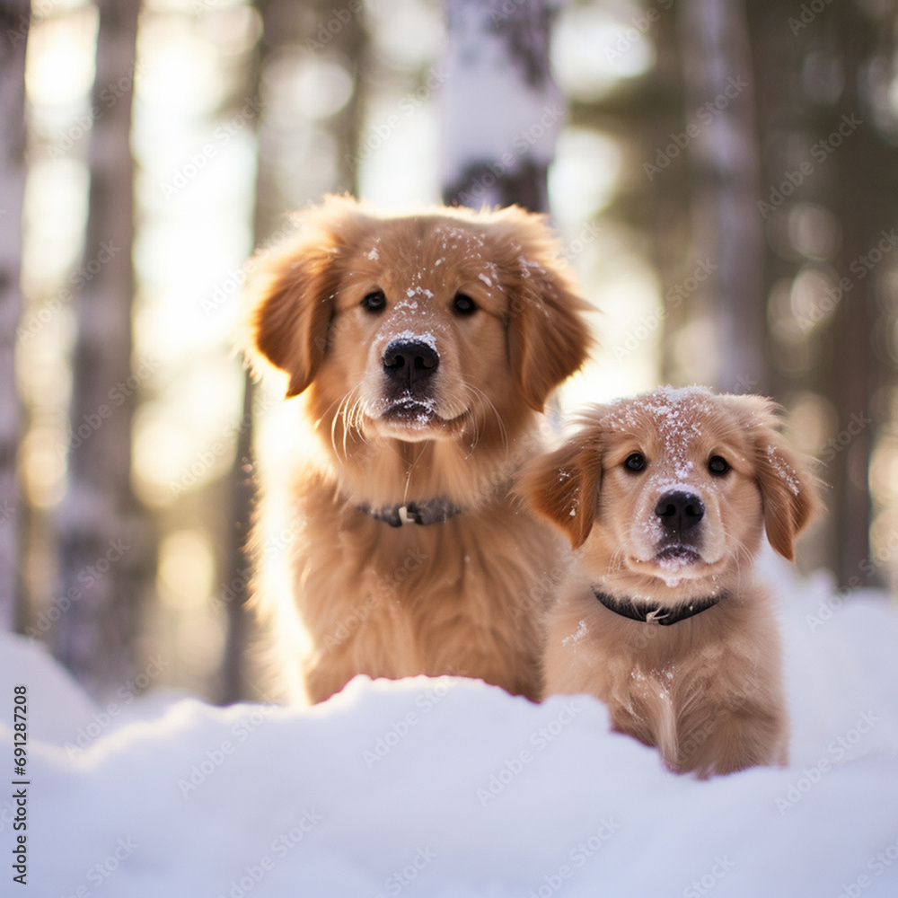 two golden retriever puppies 1 month old and an adult golden on a walk in the winter forest in the snow and it’s snowing