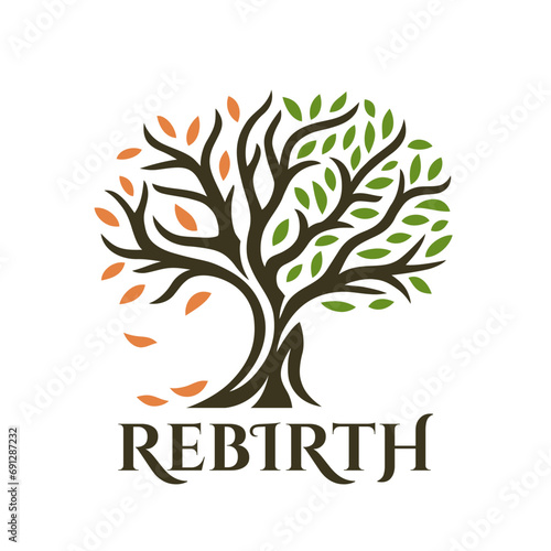 Rebirth tree emblem design. Seasons nature logo. Seasonal plant phases icon. Spiritual growth tree of life conceptual symbol. Vector illustration.