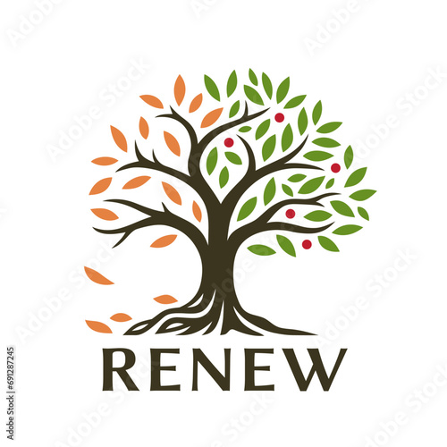 Renew tree emblem design. Seasons nature logo. Seasonal plant phases icon. Spiritual growth tree of life conpetual symbol. Vector illustration.