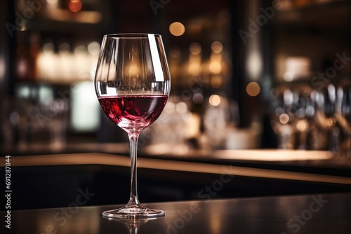 red wine on the table in a restaurant, A glass of wine is placed on the counter inside the bar, AI Generated