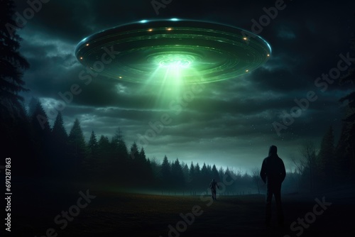 3 d rendering of a flying ufo on a dark background, Alien UFO UAP abduction, AI Generated