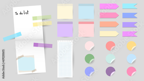Paper and  notes, stickers, sticky sheets and tape Vector Set, on gray background, Notepaper meeting reminder, Flat Modern design , illustration Vector EPS 10 
