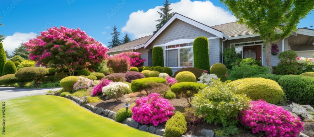 Front yard with landscaped flowers, trimmed bushes.