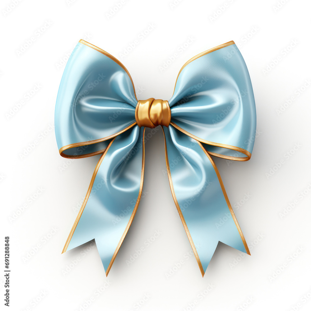 Subtle Elegance, Single Soft Blue and Gold Ribbon Bow Enhancing a Clean White Background. Subtle Elegance, Single Soft Blue and Gold Ribbon Bow Enhancing a Clean White Background.