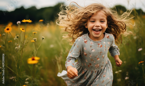 Fototapeta Naklejka Na Ścianę i Meble -  Joyful Little Girl Twirling in a Field of Wildflowers - Radiant Smiles Amidst Nature's Beauty.