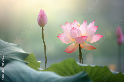 Graceful Bloom, Pink Lotus Blossom Captured in Soft Floral Elegance Against a Blurry Background.