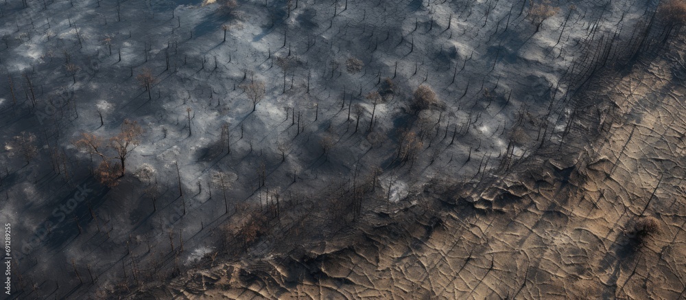 Aerial perspective of forest and field fire aftermath, showing burnt ground and black ash layer, shot from low height with downward view.