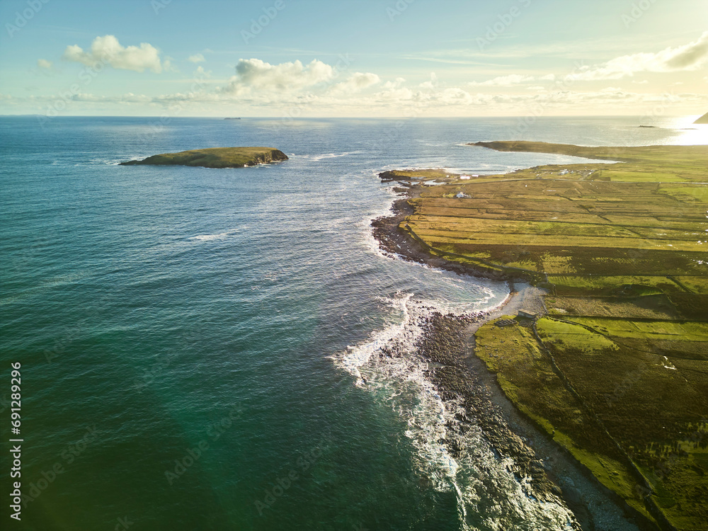Irelands West on Achill Island. Drone shot of the coast and sea.