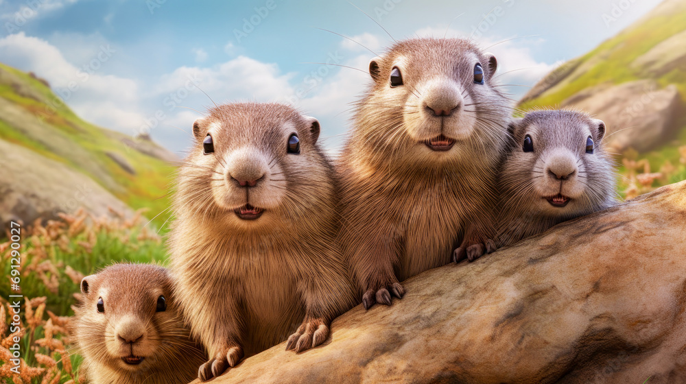 A family with baby fluffy marmots crawled out of their hole in the mountains, on a sunny, spring day, among pink beautiful flowers. A family with baby fluffy marmots crawled out of their hole in the mountains, on a sunny, spring day, among pink beautiful flowers.