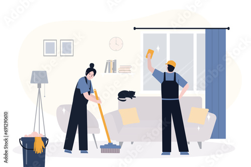 Professional cleaning service working at home, team are cleaning windows and floors. Cleaning jobs and professional hygiene service for home. Janitor, employees cleanup