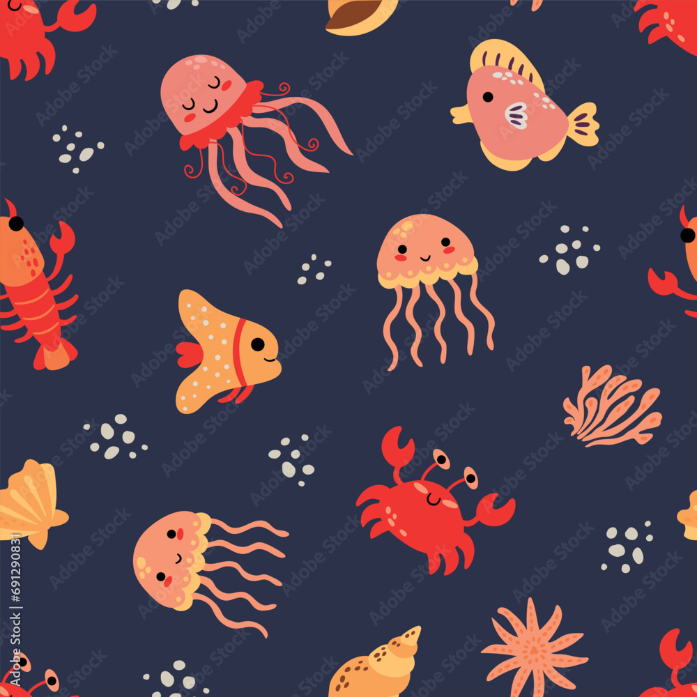 Seamless pattern with sea animals. Crabs, crayfish, jellyfish, fish. Infinite design for your design. Seamless pattern with sea animals. Crabs, crayfish, jellyfish, fish. Infinite design for your design.