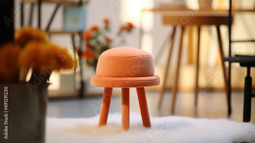 A minimalist stool with Peach Fuzz 2024 color legs and seat stands out in a cozy room setting, inviting a touch of modern simplicity. This furniture piece combines functionality with the trendy color  photo