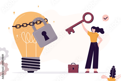 Businesswoman with key near light bulb with lock. Key or way to discover new innovations, unlock your creativity for success. New business ideas to achieve goals,