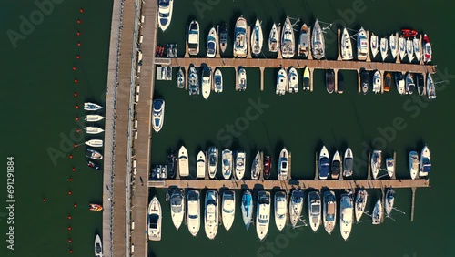 Top view of beautiful marina with moored luxury yachts and motorboats in Sopot, Poland photo