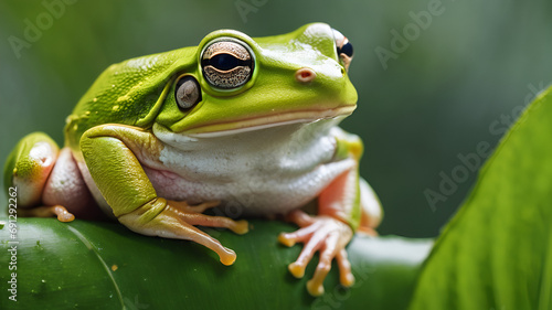 Green Frog Sits On Top Of A Leaf Background, natural setting, often found in ponds, lakes, or wetland environments. 