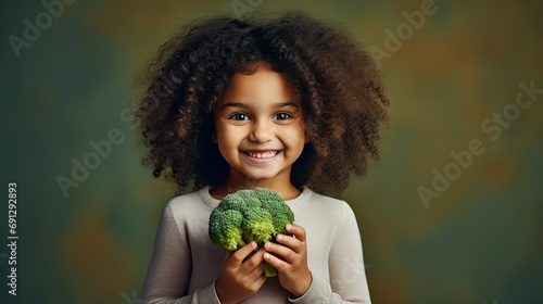 Smiling mixed race girl holding apple and broccoli