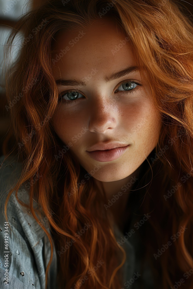 A beautiful young woman freckled face with long hair, slight grin, full lips, small smile, wearing off the shoulder shirt, award - winning photo A beautiful young woman freckled face with long hair, slight grin, full lips, small smile, wearing off the shoulder shirt, award - winning photo