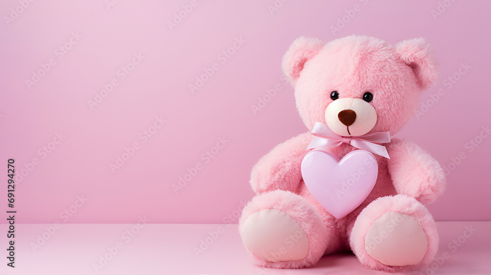Pink teddy bear with a pink heart on a pink background with copy space. Pink teddy bear with a pink heart on a pink background with copy space.