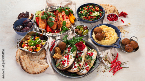 Middle eastern or Arabic dishes on light background. Tasty traditional food
