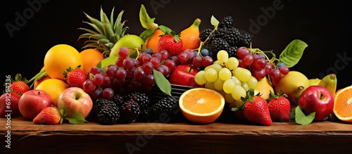 Assorted fruits on a coarse table.