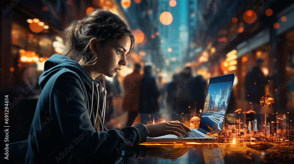Young woman sitting in a bar on her laptop, cyberspace and digital network concept