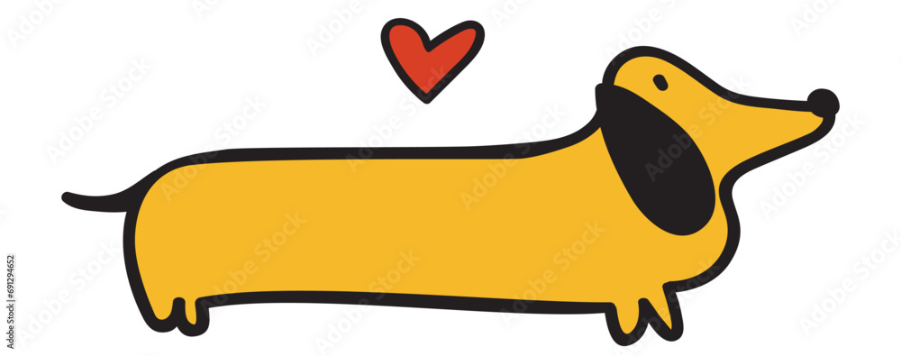 Cute dachshund and little red heart. Pets adoption. Vector flat illustration on white background.