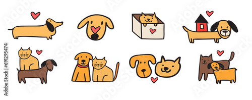 Pets adoption, friendship between cats and dogs. Set of hand drawn vector illustrations. Flat design. Cute animals.