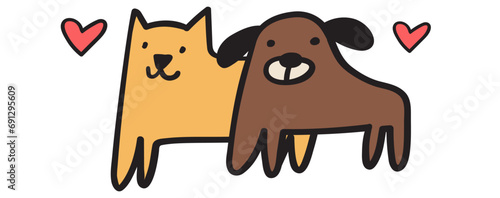 Cute animals. Dog and cat. Pets adoption concept. Hand drawn vector illustration. Graphic design