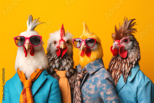 Wallpaper Mural Gang family of rooster chicken bird in vibrant bright fashionable outfits, commercial, editorial advertisement, surreal surrealism. Group shot.	
 Torontodigital.ca