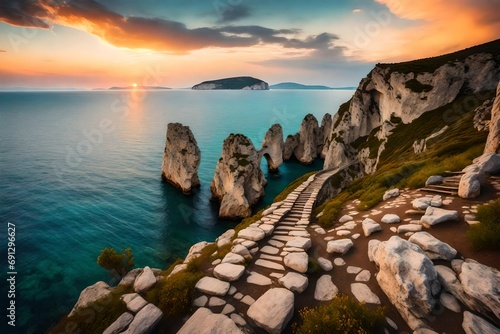 Path leading through the grot at sunset in Crimea. Beautiful landscape with cave, stones, rocks, trail, sea and blue sky with clouds in the evening photo