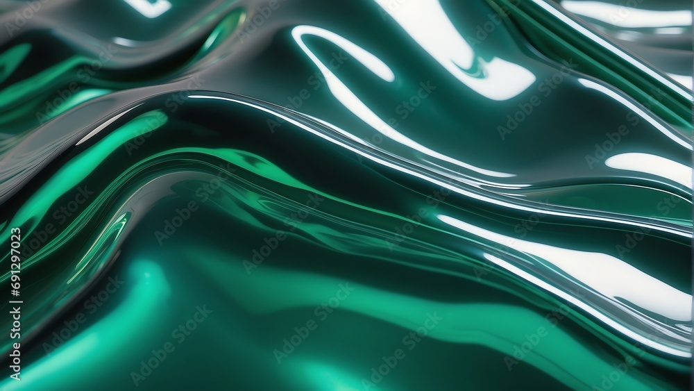 Shiny wavy green metallic fluid with a reflective chrome mirror water effect creates a textured D background backdrop. from Generative AI