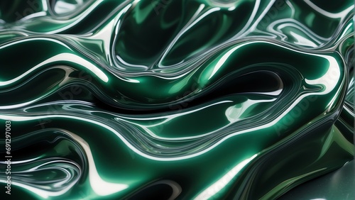 Shiny wavy green metallic fluid with a reflective chrome mirror water effect creates a textured D background backdrop. from Generative AI