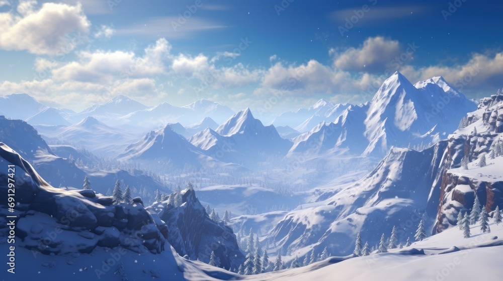 Craft a scene of a snowy mountaintop with an expansive view of the valleys below.