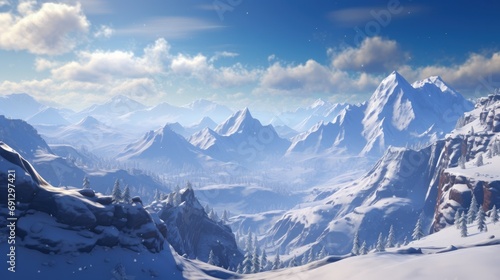Craft a scene of a snowy mountaintop with an expansive view of the valleys below.