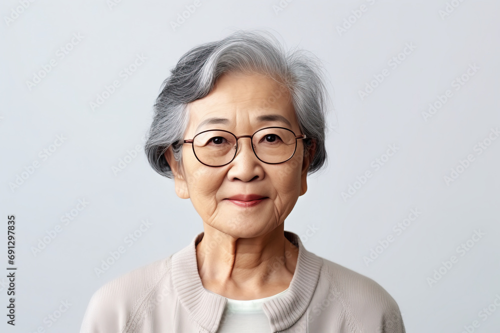 Senior Asian woman wears eyeglasses on plain background