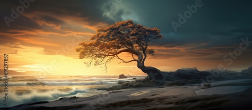 A resilient tree withstands a powerful beach wind at sunset, enduring through difficult times. photo