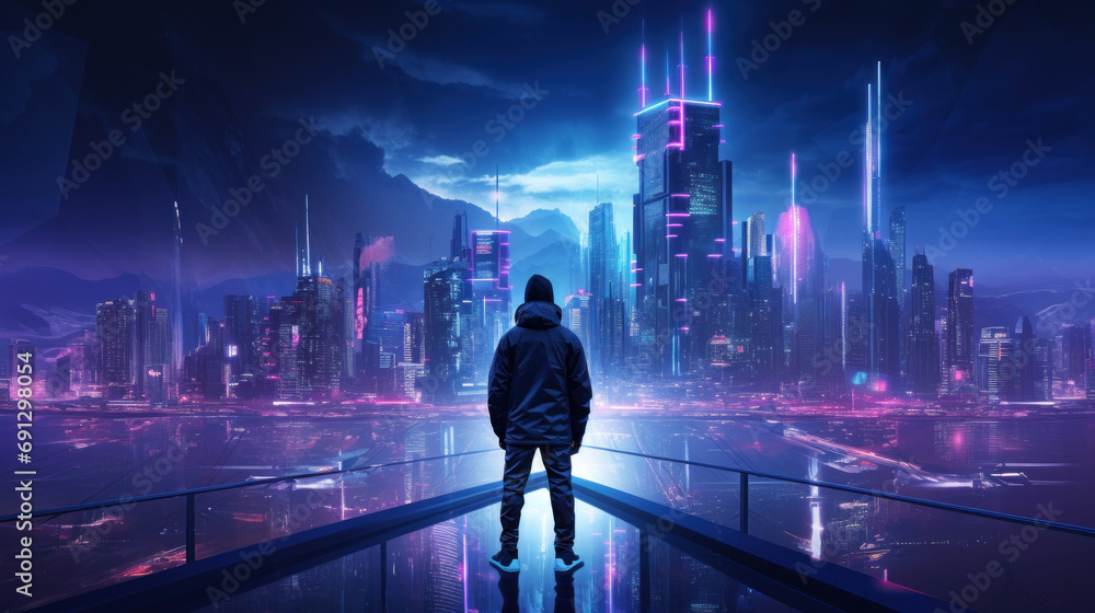 Onely cyberpunk hacker in Nighttime in empty city with skyscrapers. Futuristic colorful illustration