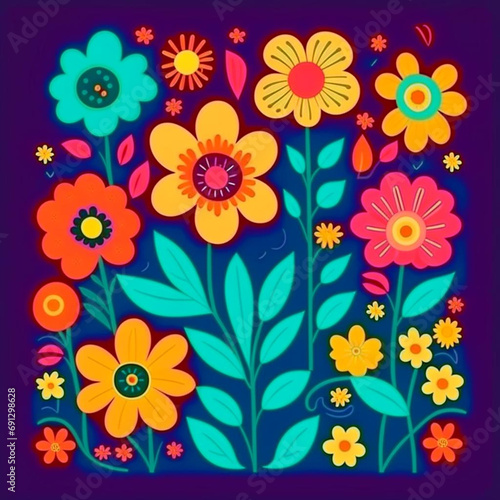 Ornamental flowers with stems and leaves. Watercolor art on blue background. © marylooo