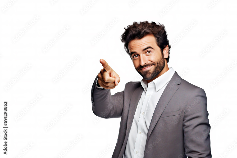 Portrait of man and pointing finger on white background Portrait of man and pointing finger on white background