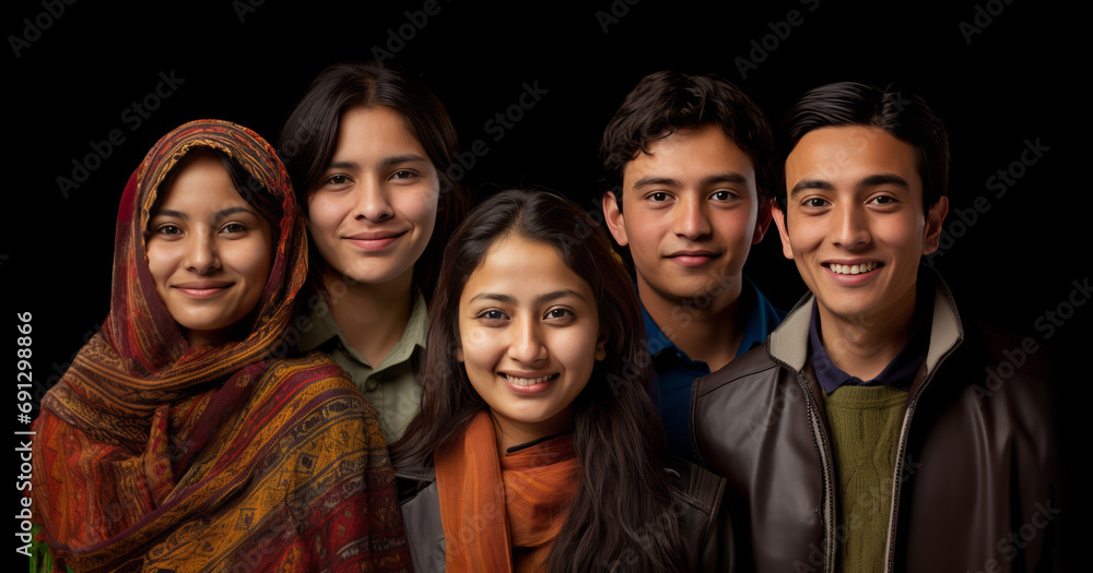 Young men and women of different ethnicities stand side by side on the cultural theme Young men and women of different ethnicities stand side by side on the cultural theme