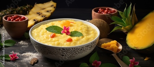 Corn flour porridge with tropical fruits and saffron. photo