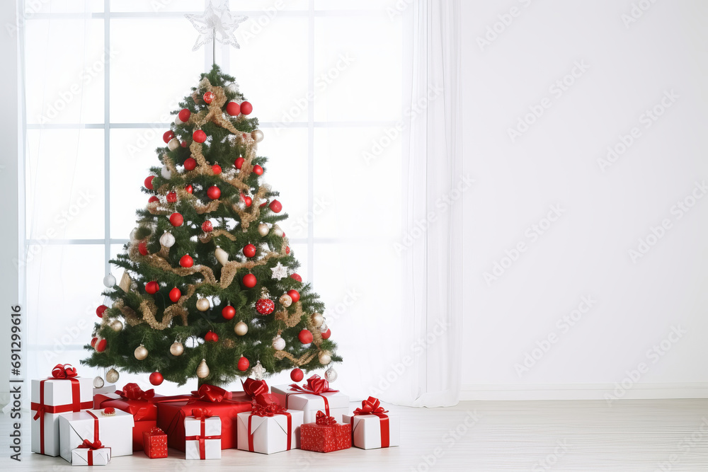 Golden patchwork ornament on a decorated Christmas tree with presents isolated on a white background. AI Generative. Golden patchwork ornament on a decorated Christmas tree with presents isolated on a white background. AI Generative.
