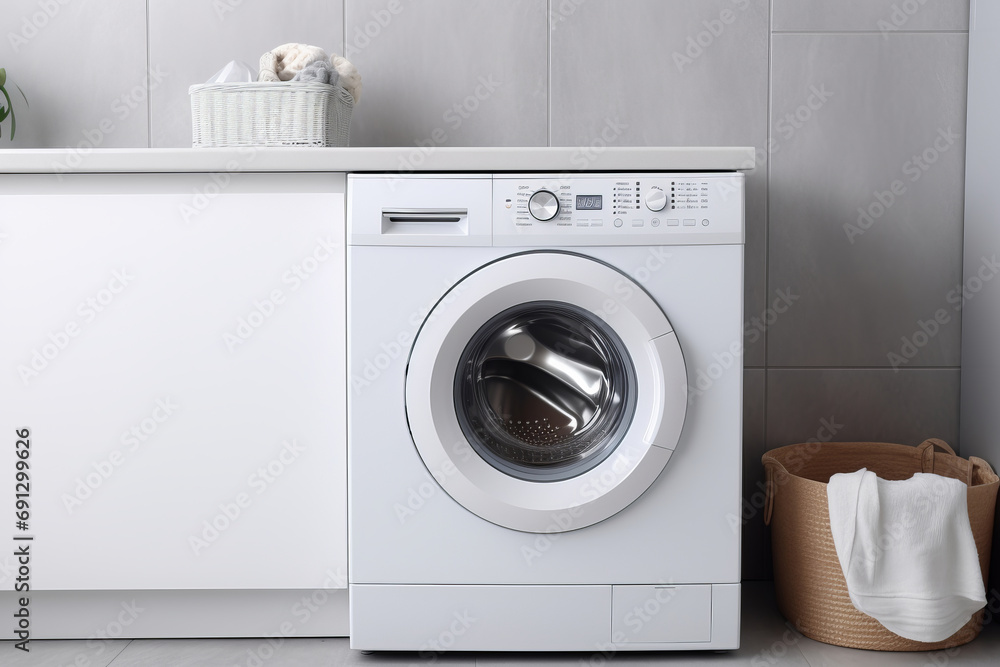 Laundry room interior displays a clothes washing machine. Hygiene is AI Generative in this space. Laundry room interior displays a clothes washing machine. Hygiene is AI Generative in this space.